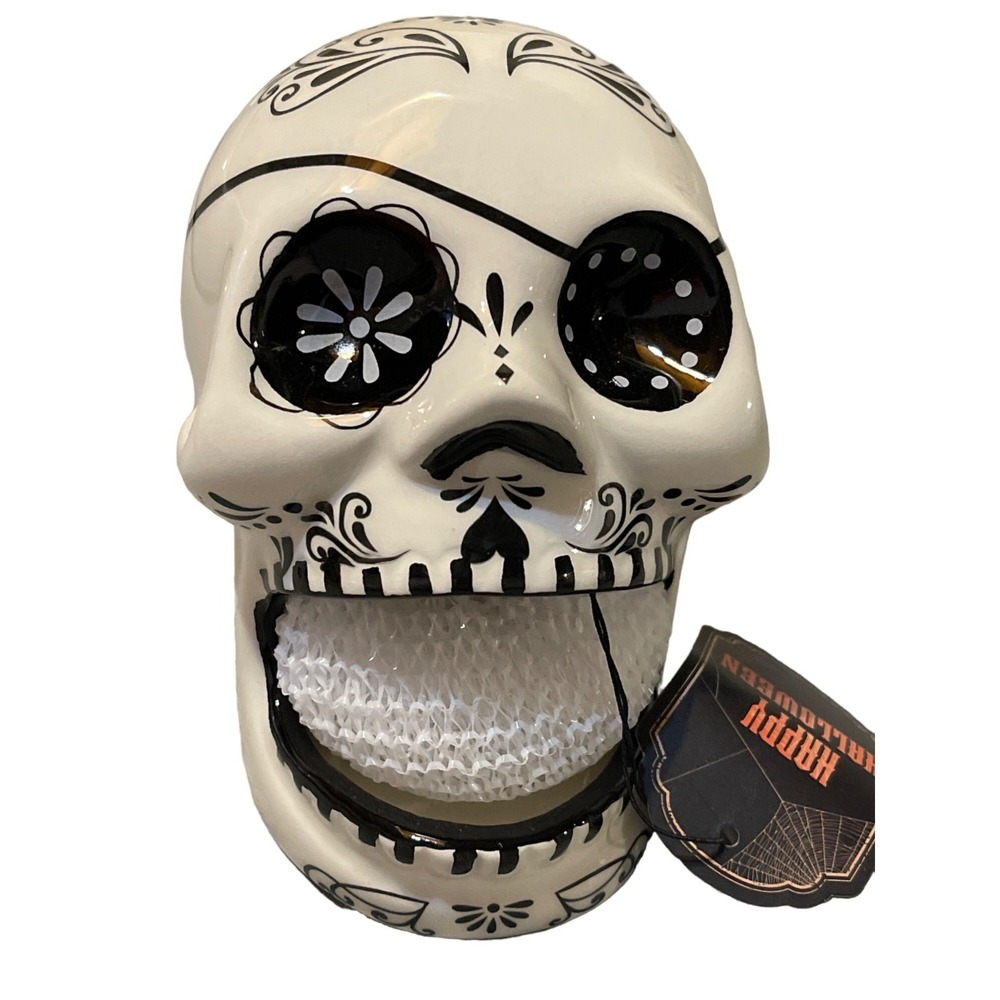 Halloween Skull Scrubby Holder  Ceramic Dish Sponge Holder 4.7 In.  Happy Hallow